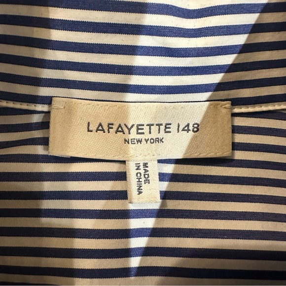 Lafayette 148 - Striped Button Down Long Sleeve Shirt - Blue White - Size M - Picture 12 of 12